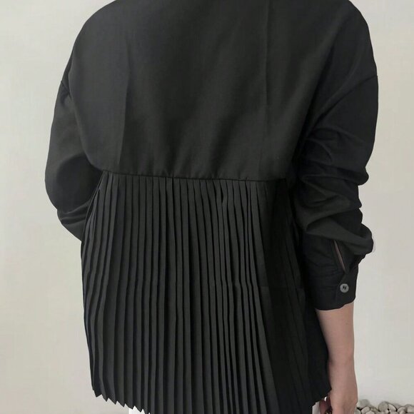 Black Casual Women's Loose Pleated Oversize Elegant Long-sleeved shirt - Picture 2 of 4